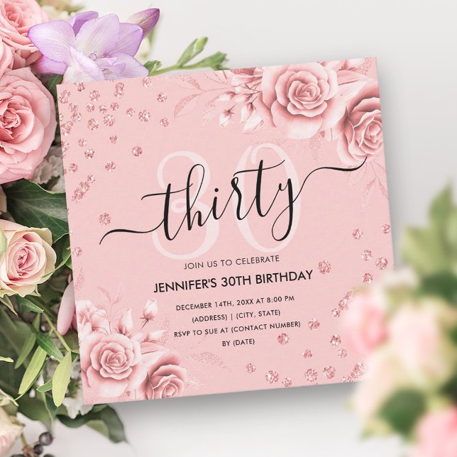 Skript ro Guld Guld Blommigt Glitter 30års födelse Inbjudningar (Rose Gold Gold Floral Glitter 30th Birthday Script Invitation)