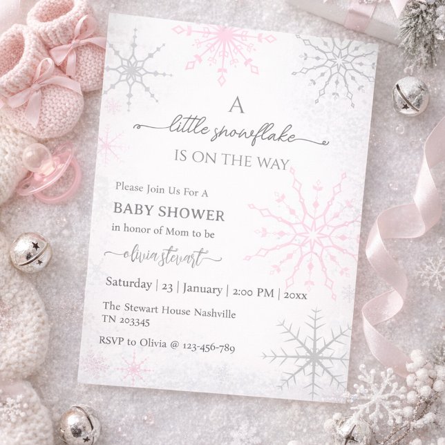 Skript rosa snöflinga Vinter Baby Shower Inbjudningar (Skapare uppladdad)