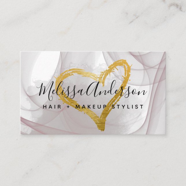 Skript  Rosa Watercolor Gold Foil Heart Visitkort (Framsida)