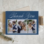 Skript tre foto Collage Blue Bröllop Tack Kort<br><div class="desc">Skicka ett tack till familj och vänner för att de deltar i ditt evenemang med det här anpassadet, tack vare ditt kort. Den har skript för elegant och enkel typografi. Personlig genom att lägga till egna detaljer och med dina favoritfoton från bröllop. Det här fototackkortet blir också perfekt för babyduschar,...</div>