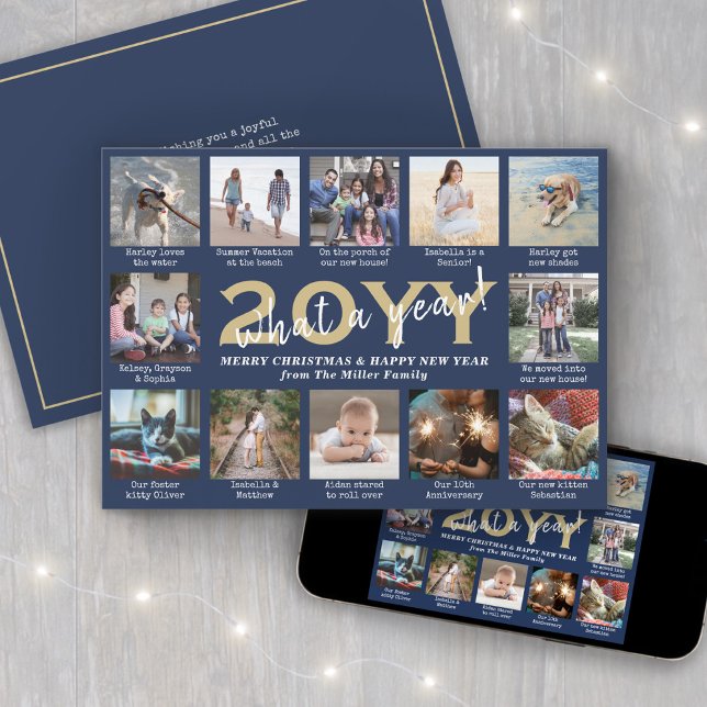 Skript Vilket år! 12 Fotokollage Navy och Guld Julkort (Skapare uppladdad)