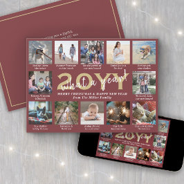 Skript Vilket år! 12 Photo Collage Burgundy Guld Julkort