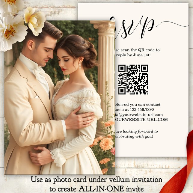 Skripta allt i en Vellum-fotobakgrund Bröllop Inbjudningar (Elegant script photo wedding invitation background with RSVP and QR code - vellum addition)