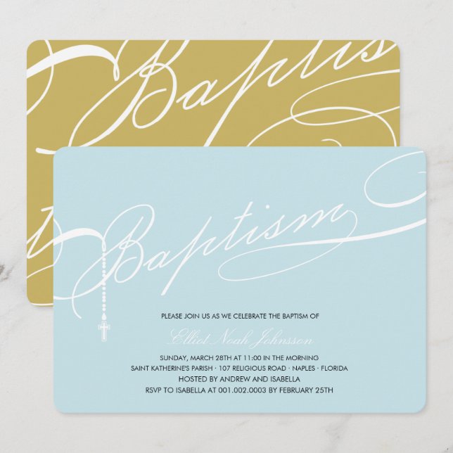 Skriptad baptism Rosary Kor Blue-Religiösa Inbjudningar (Fram/baksida)