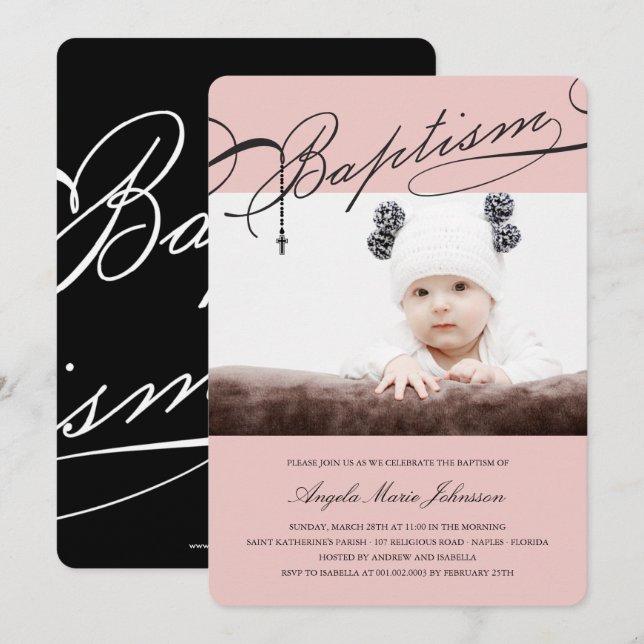 Skriptad baptism Rosary Kor Girl Rosa Photo Inbjudningar (Fram/baksida)