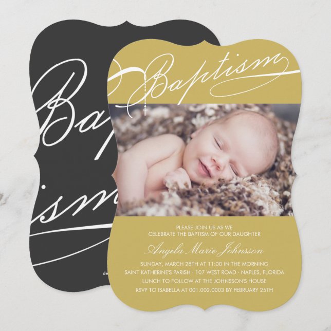 Skriptad baptism Rosary Kor Guld Photo Religiösa Inbjudningar (Fram/baksida)