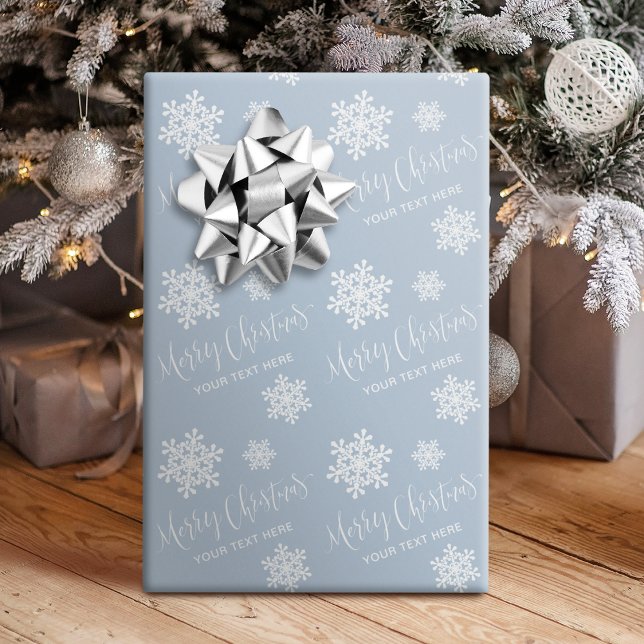 SkriptAnpassningsbarna Blue Snöflingor God jul Presentpapper (Blue Snowflakes Merry Christmas Script Custom Wrapping Paper)