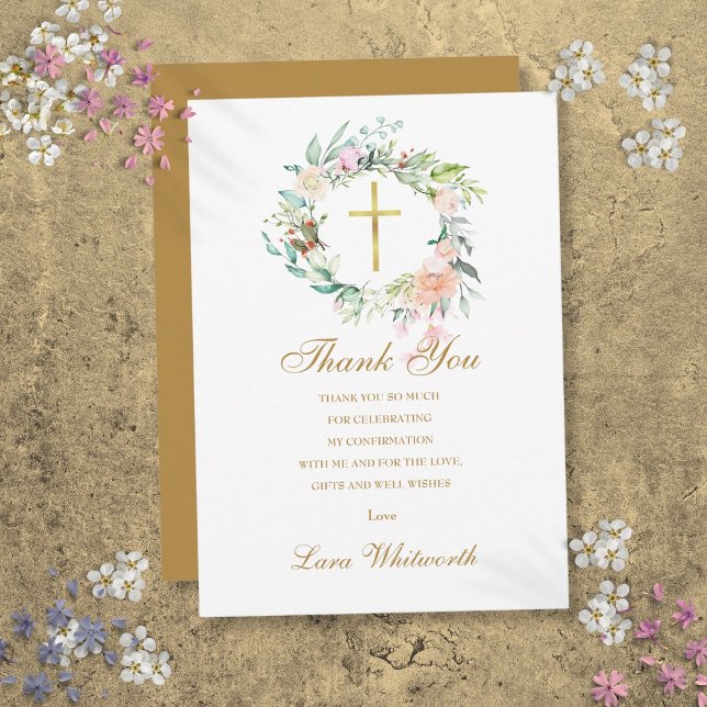 Skriptbekräftelse för ro Blommigt Guld Tack Kort (Roses Floral Gold Script Confirmation Thank You Card)