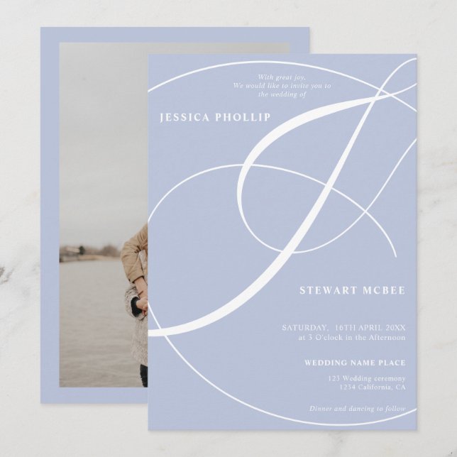 Skriptblå fotokalligrafi bröllop inbjudningar (Fram/baksida)