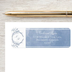 Skriptblå vattenfärg, Monogram Bröllop Returadress Etikett