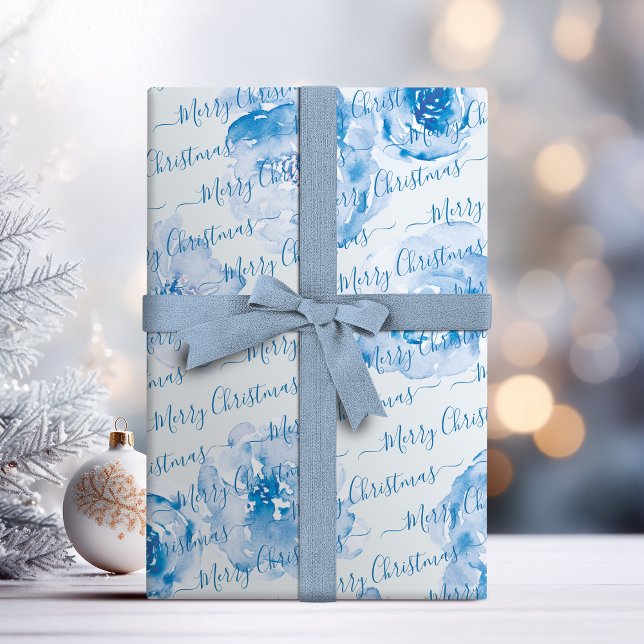 SkriptBlommigt för God jul med blå Personlig Presentpapper (Blue Personalized Merry Christmas Script Floral Wrapping Paper)