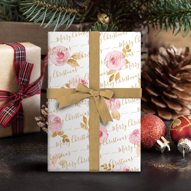 SkriptBlommigt för Personlig God jul guld Presentpapper (Gold Personalized Merry Christmas Script Floral Wrapping Paper)