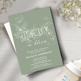 Skriptblommor Baby i blommor i Grönten Sage i Bloo Inbjudningar