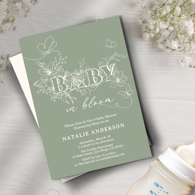 Skriptblommor Baby i blommor i Grönten Sage i Bloo Inbjudningar (Sage Green Script Flower Butterflies Baby In Bloom Invitation)