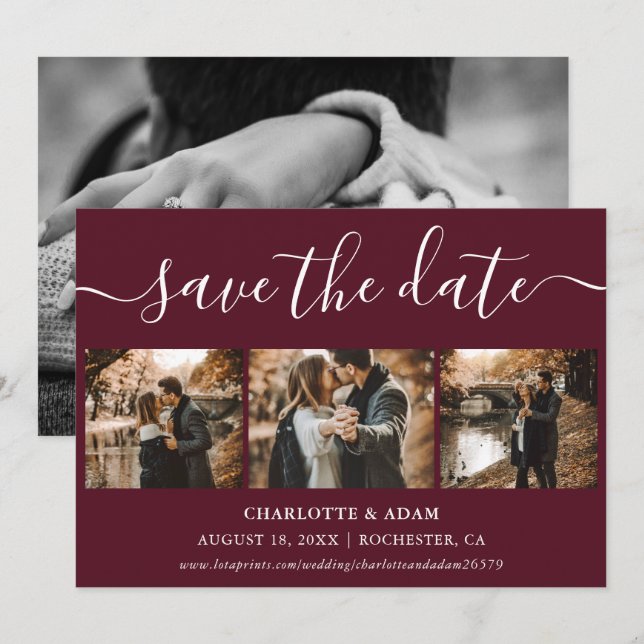 Skriptburgundy Bröllop-fotot spara datumkort Datumet (Fram/baksida)