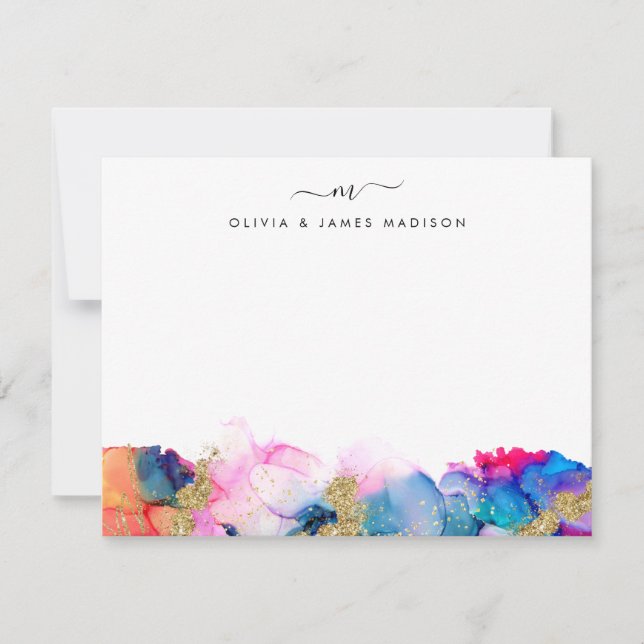 Skriptbyte Monogram Ett par regnbåge Alcohol Bläck Anteckningskort (Framsida)