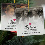 Skriptcitattecken Shock rosa Heart Photo Keepsak Julgransprydnad Keramik<br><div class="desc">Fira den speciella kopplingen mellan systrar med den här sastrerskriften Shock rosa Heart Photo Keepsak Ceramic Ornament! Med det hjärtliga citatet "Sisters är olika blommor från samma trädgård" i elegantens svarta skript, lägger en shock rosa hjärtsymbol till en söt beröring ovanför texten. Anpassa den med namn och visa dina omhuldade...</div>