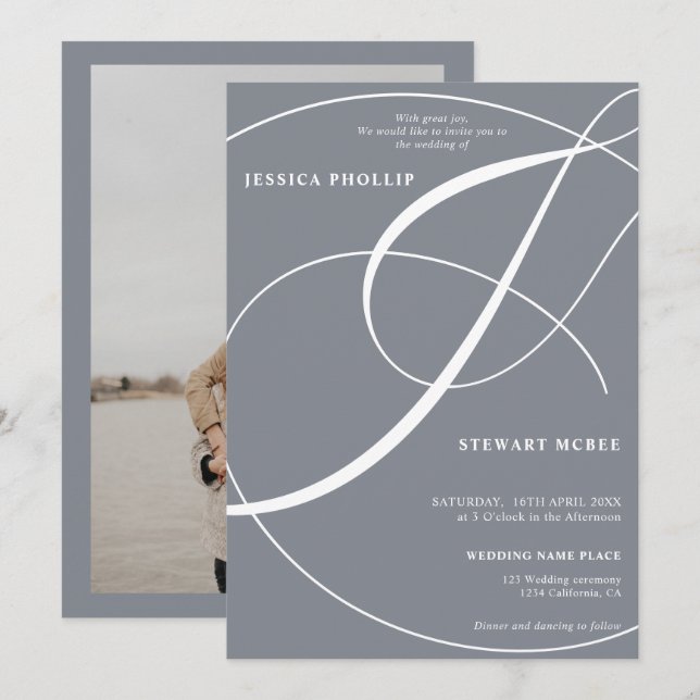 Skriptdammig blå fotokalligrafi bröllop inbjudningar (Fram/baksida)