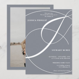 Skriptdammig blå fotokalligrafi bröllop inbjudningar