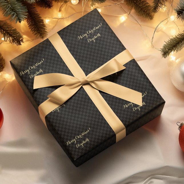 Skriptet anpassningsbar Black Modern Check Mönster Presentpapper (Custom Black Modern Check Pattern Faux Gold Script Wrapping Paper)