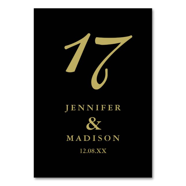 Skriptet bröllop Bord guld med svart personlig Bordsnummer (Framsidan)