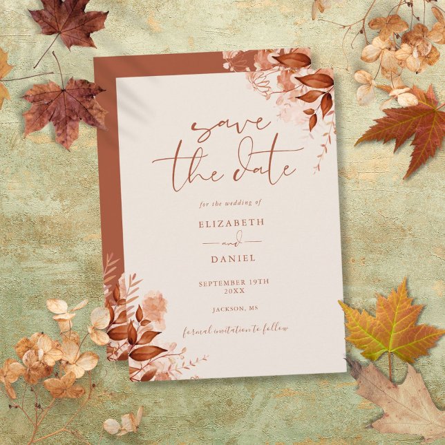 Skriptet Bröllop för hösten Fall Rustic Blommigt Spara Datumet (Autumn Fall Rustic Floral Script Wedding Save The Date)
