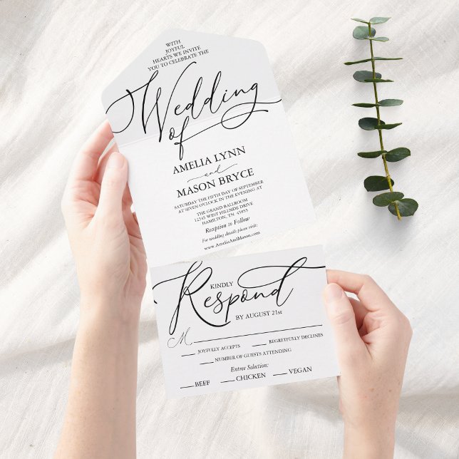 Skriptet Bröllop för svartvit Elegant (Elegant Script Calligraphy Wedding Invitation All in One)