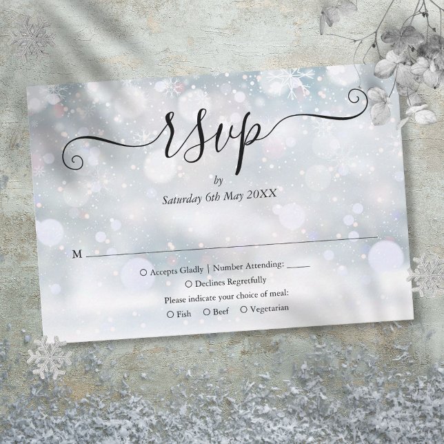 Skriptet Bröllop i Eleganten Winter Snöflingor OSA Kort (Winter Snowflakes Elegant Script Wedding RSVP Card)