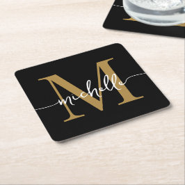 Skriptet elegant Modern Black Guld Monogram Namn Underlägg Papper Kvadrat