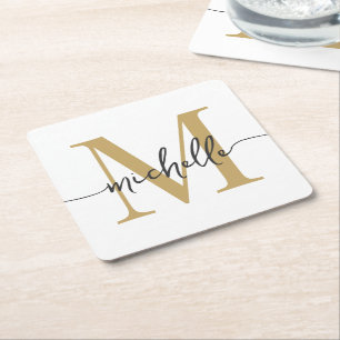 Skriptet elegant Modern White Guld Monogram Namn Underlägg Papper Kvadrat