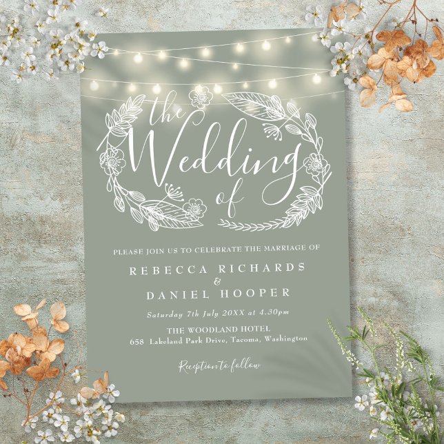 Skriptet Grönt String Ljus Bröllop Inbjudningar (Sage Green String Lights Script Wedding Invitation)