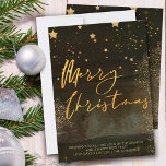Skriptet Guld i Starry Winter Night God jul Julkort<br><div class="desc">Stryk vinterkortet God jul helgdag med elegant guld-skriptkalligrafi. Den här chicen och den moderna designen kombinerar vattenfärgspenseldrag, guld-stjärnor, stjärnljusglöd, guld-damm och en mistskog. Den är handskriven med God jul och mallen är inställd så att du kan lägga till personligen hälsning. Icke-fotodesign och enkel att anpassa för vänner och familj samt...</div>