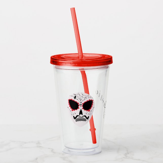 Skriptet Halloween Sugar Skull Ansikte Monogrammed Take Away Mugg (Vänster)