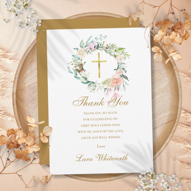 Skriptet Kommunice Ro Blommigt Guld i första Helig Tack Kort (First Holy Communion Roses Floral Gold Script Thank You Card)