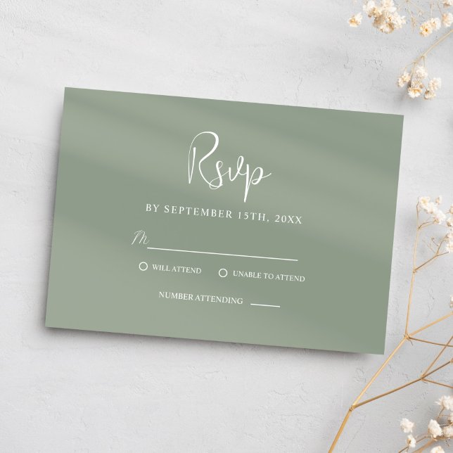 Skriptet Modern Elegant bröllop i Grönten Classy S OSA Kort (Classy Sage Green Script Modern Elegant Wedding RSVP Card)