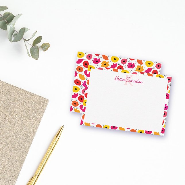 Skriptet Monogram Modern Poppy Blommönster Namn Anteckningskort (Skapare uppladdad)