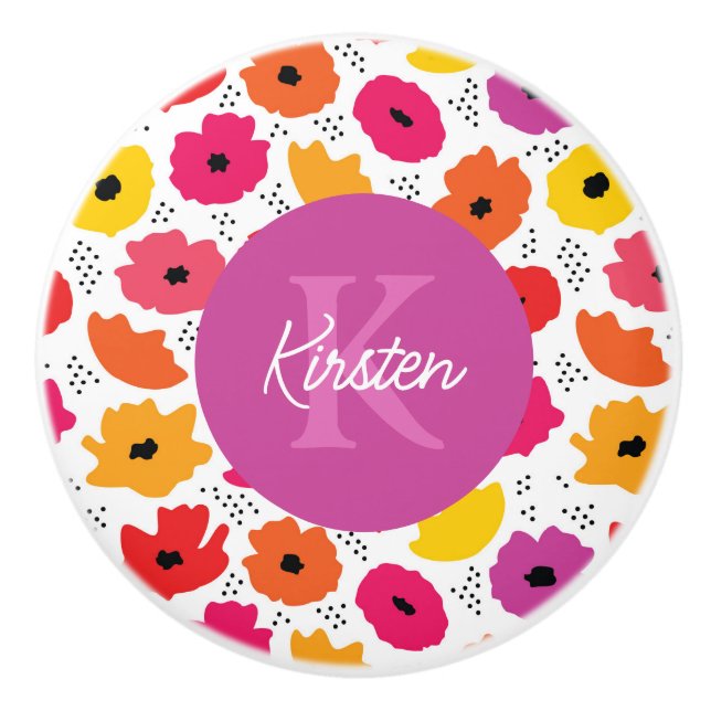 Skriptet Monogram Modern Poppy Blommönster Namn Knopp (Framsidan)