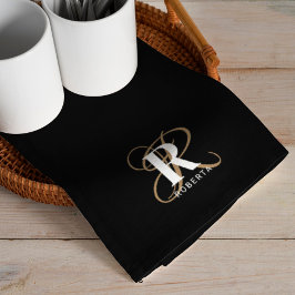 Skriptet Monogram Namn Snyggt Black Guld Kökshandduk