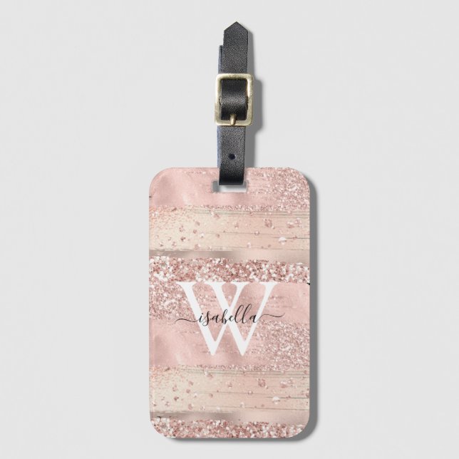 Skriptet Monogrammed Guld Ro Penseldrag Glitter Bagagebricka (Framsida vertikal)