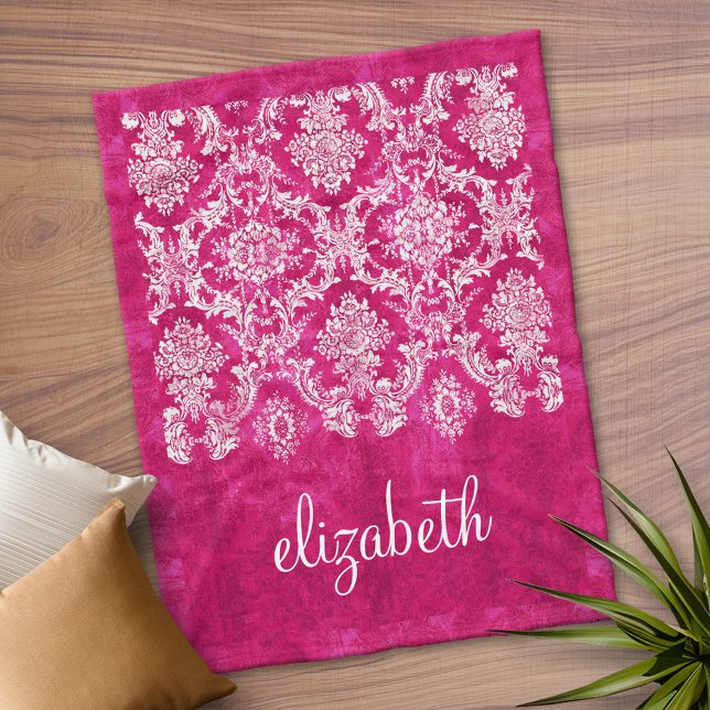 Skriptet Namn för shock rosa Grunge Damask Fleecefilt (Personalized Fleece Blanket)