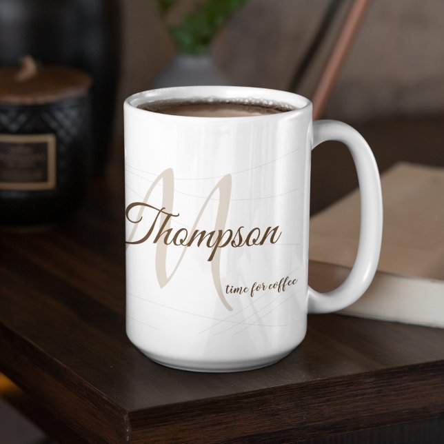 Skriptet namn och inledande (monogram) vit 15 oz kaffemugg (elegant monogram)