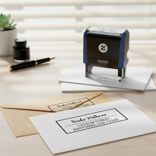 Skriptet Namn & Returadress Frimärke med Gräns Självfärgande Stämpel (elegant personal stationery stamp, script name stamp with border, simple typography address stamp)