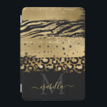 Skriptet Roligt Modern Guld Glitter Monogrammad iPad Mini Skydd<br><div class="desc">Grediskt modernt djurtryck iPad-fodral - både zebra och leopard - i penseldrag med guld,  glitter,  svart och adorberat med ditt manusmonogram,  första namn och första gången.</div>