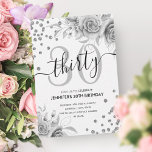 Skriptet silver Blommigt Glitter 30års födelsedag Inbjudningar<br><div class="desc">Skriptinbjudan till elegant Glam Silver Blommigt Glitter 30års födelsedag med blommor arrangemang,  glitter konetti och modernt typografiskt skript.</div>