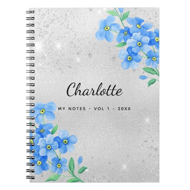Skriptet Silver blue blommigt namn Anteckningsbok (Framsidan)