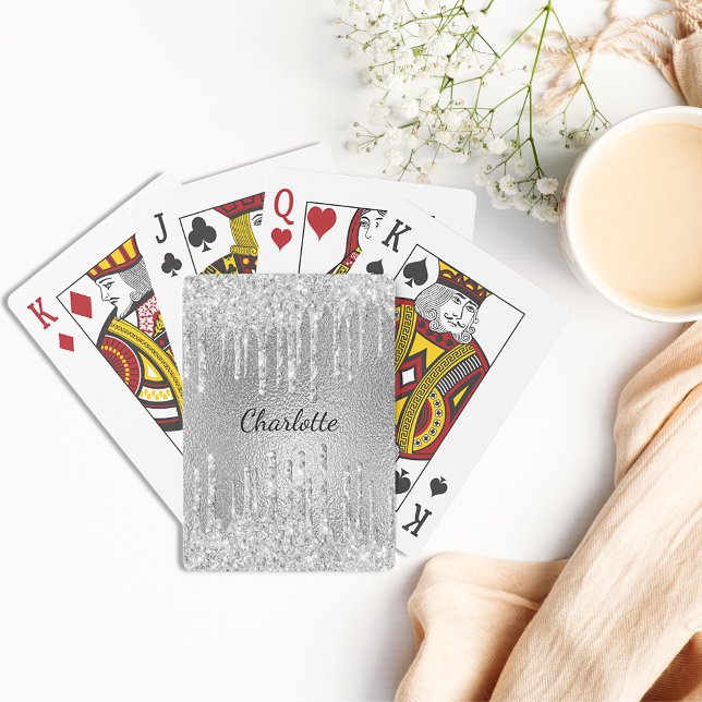 Skriptet Silver glitter droppar monogram namn Casinokort (Skapare uppladdad)