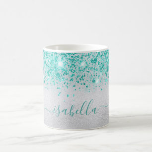 Skriptet silver teal glitter sparkles namn kaffemugg