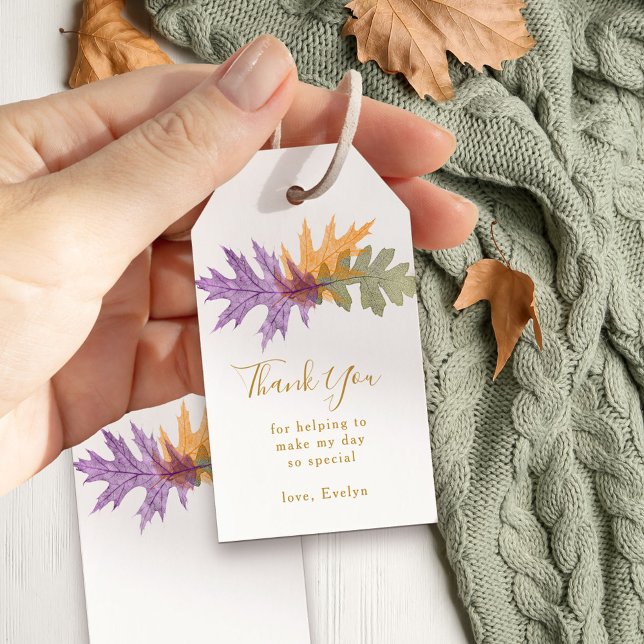 Skriptet tack Fall Foliage Elegant Guld Presentetikett (Fall thank you tags with pretty autumn leaves)