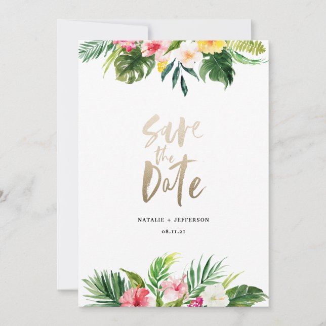 Skriptet Tropical handflatan löv och blommigt guld Spara Datumet (Framsida)