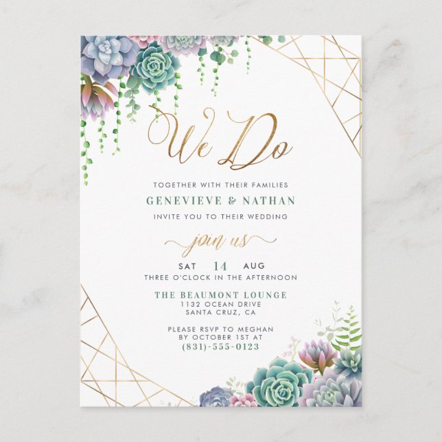 Skriptet "Vi gör" Guld Glitter och succulents Bröl Inbjudan Vykort (Framsida)